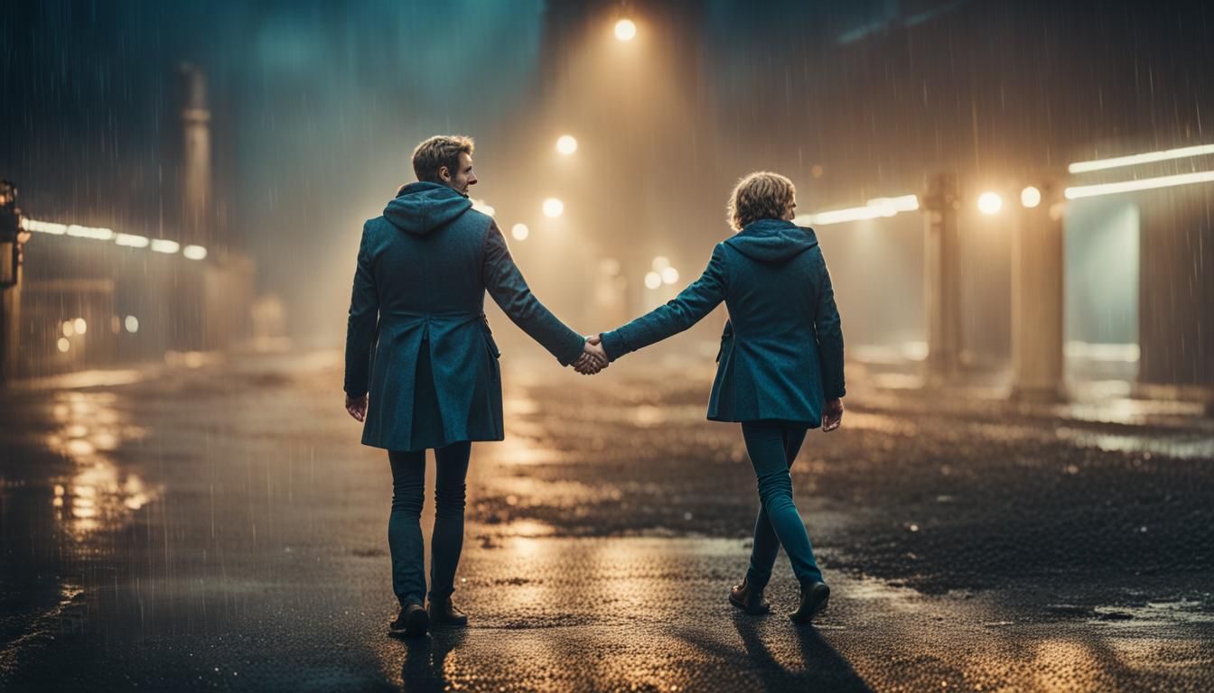 Romantic Couple Walking in the Rain, Cinematic Photograph