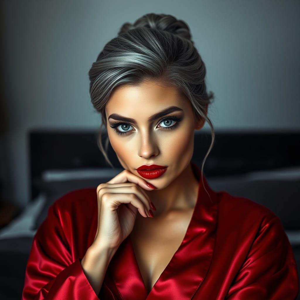 Serene Gothic Goddess in Muted Monochromatic Bedroom