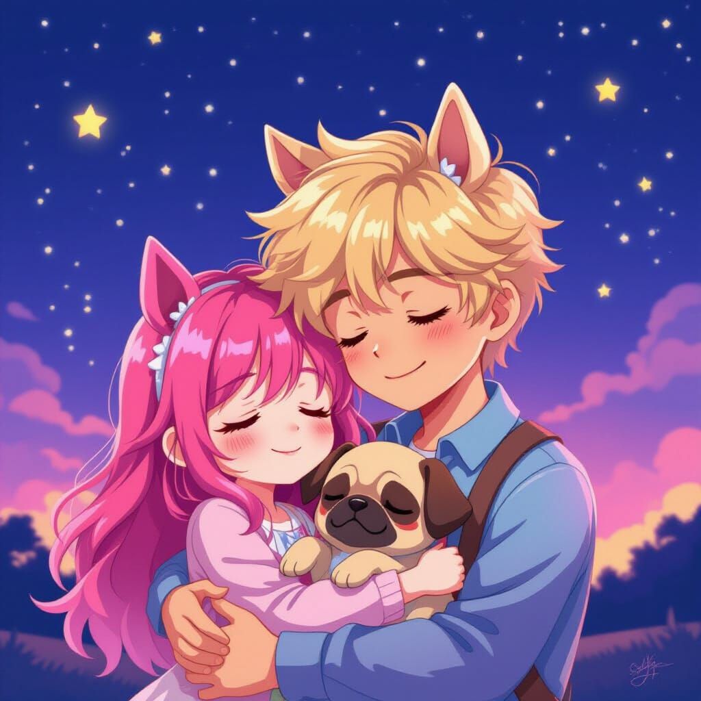 Anime Boy and Girl Under Starry Night Sky