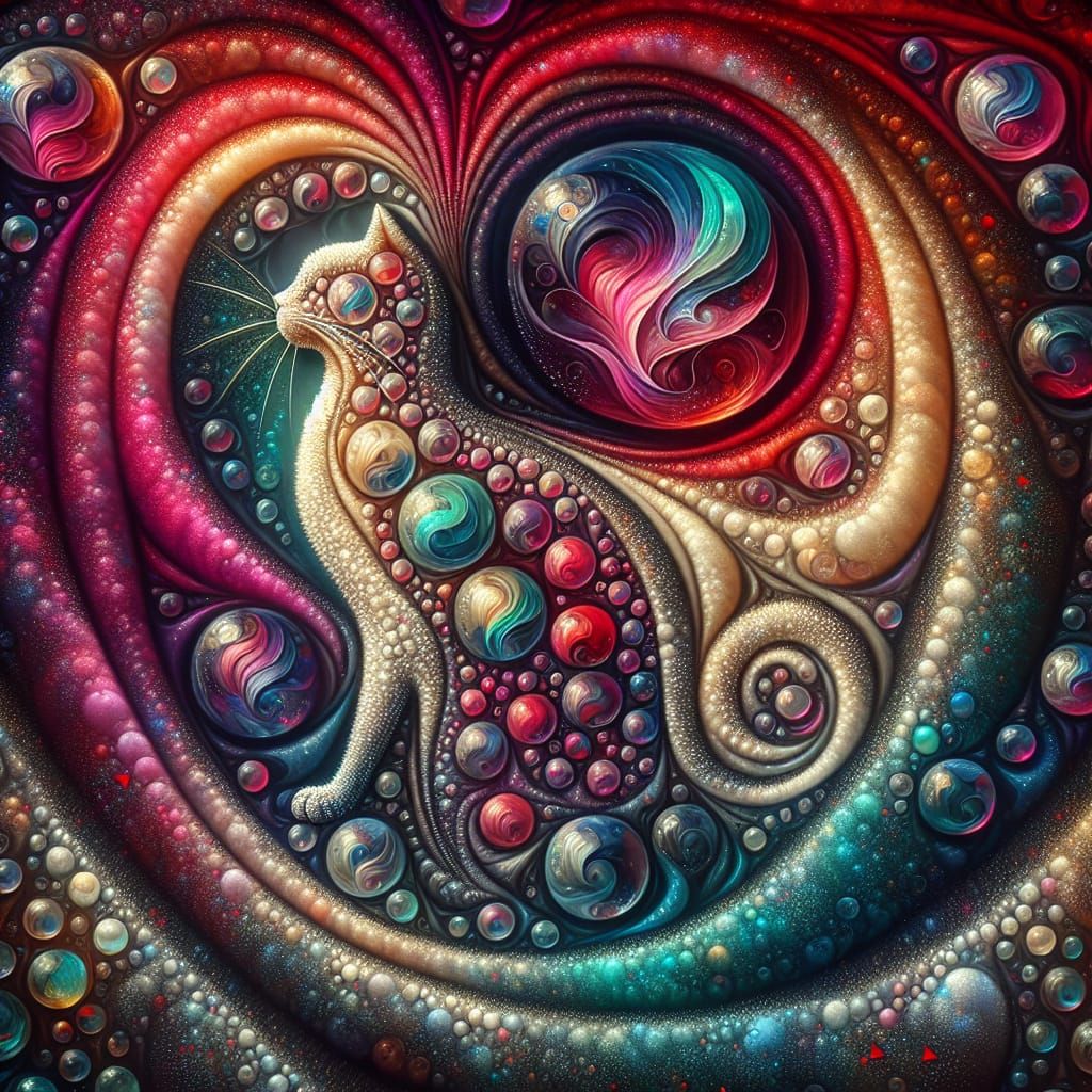 Whimsical Cat Formed from Heart-Shaped Bubbles in Fantasy Sc...