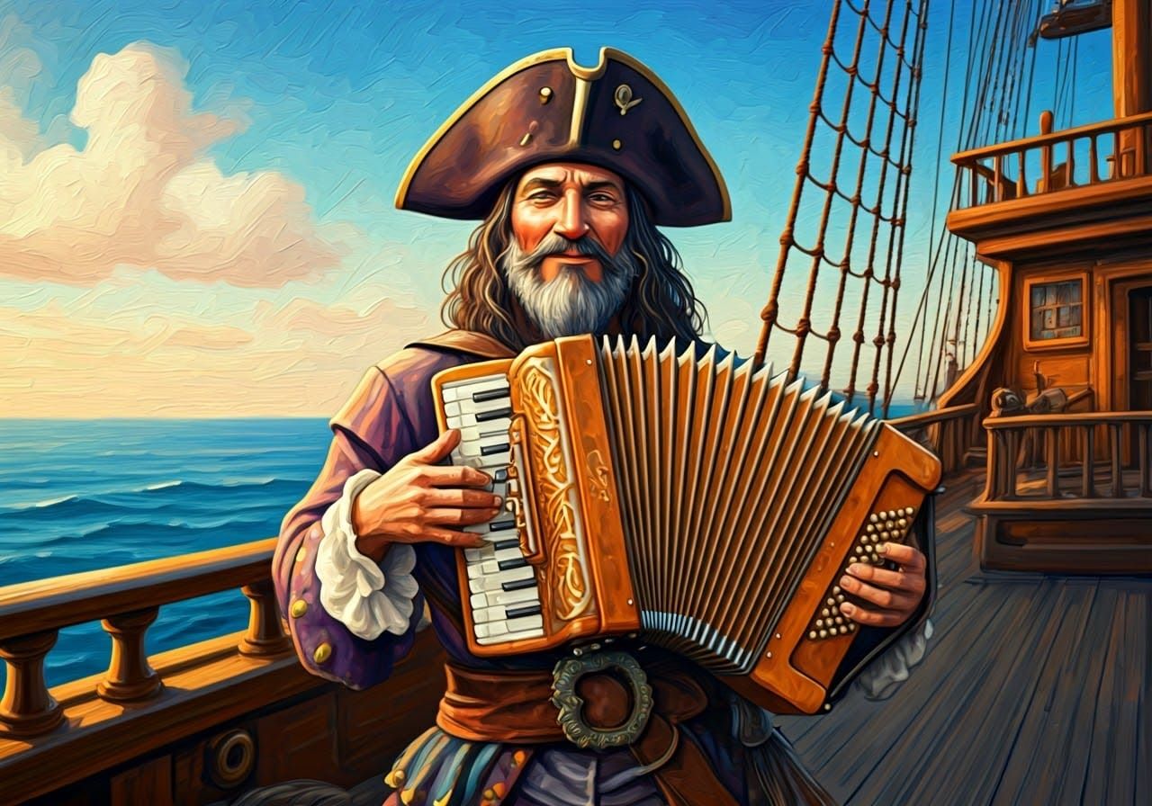 Pirate Plays Accordion in Naive Art Style