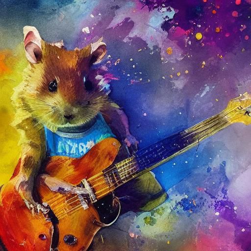 Realistic Hamster Shreds Electric Guitar in Vibrant Watercol...