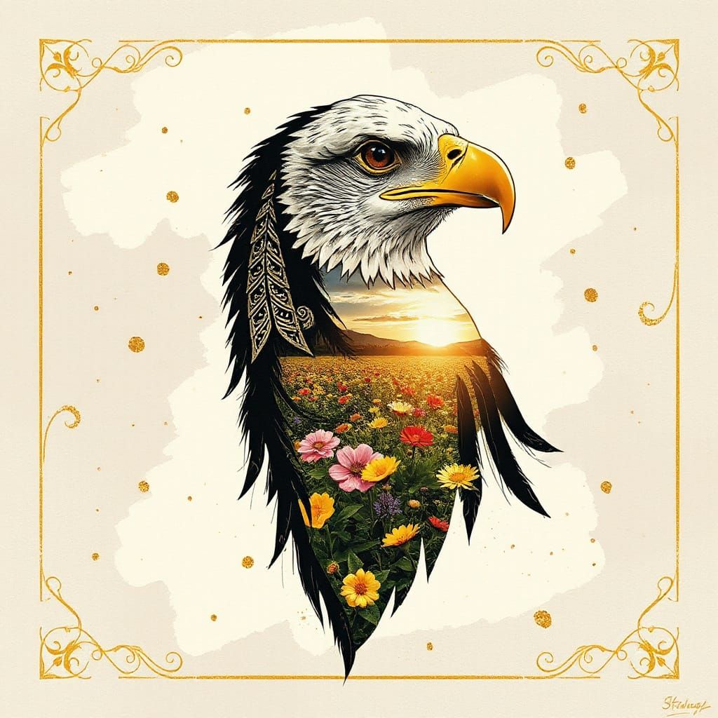 Eagle Portrait with Geometric Art Deco Patterns and Meadow