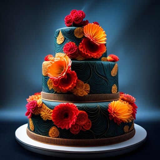 Vibrant Cake with Black Flowers in HDR