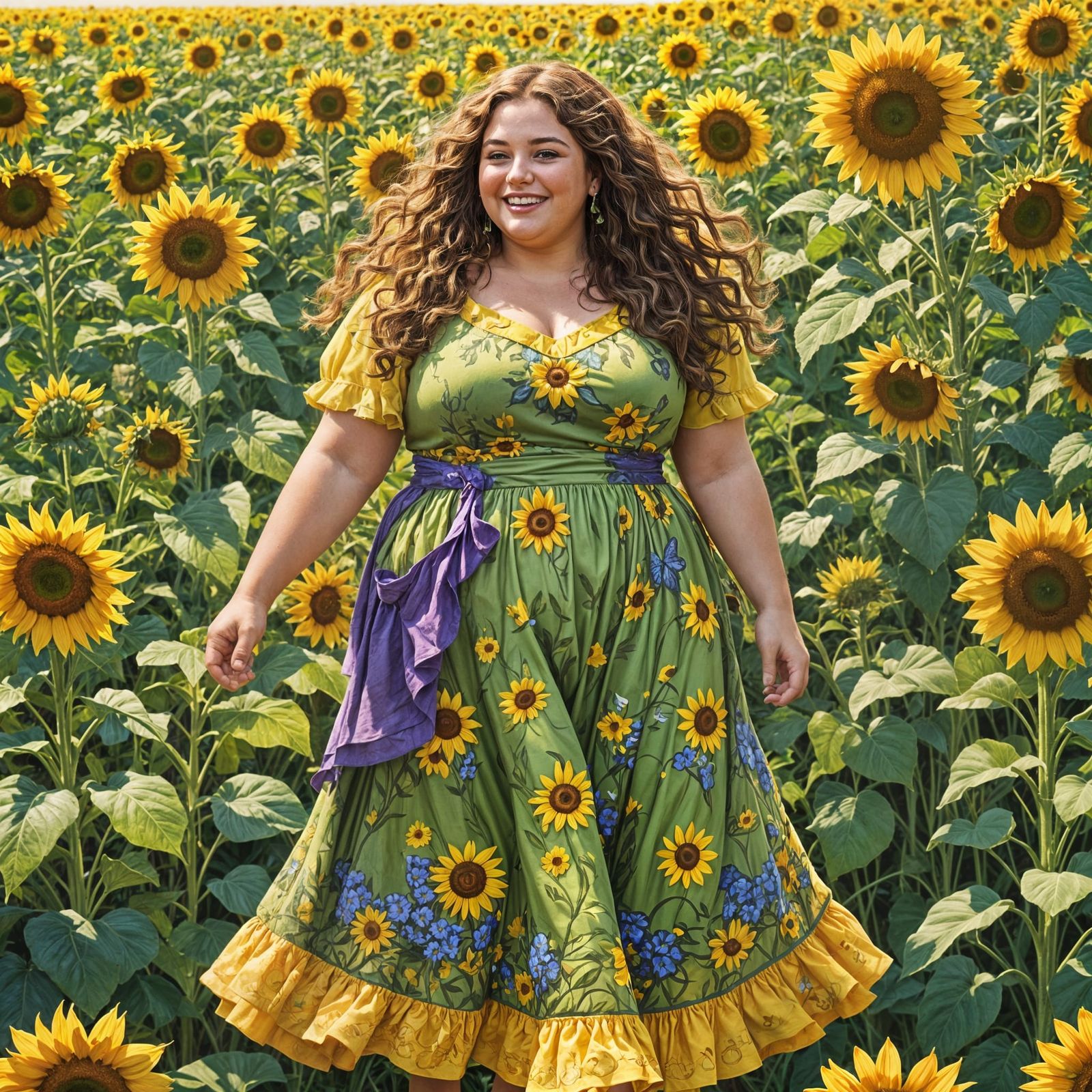 Radiant Plus-Sized Woman in Sunflower Field