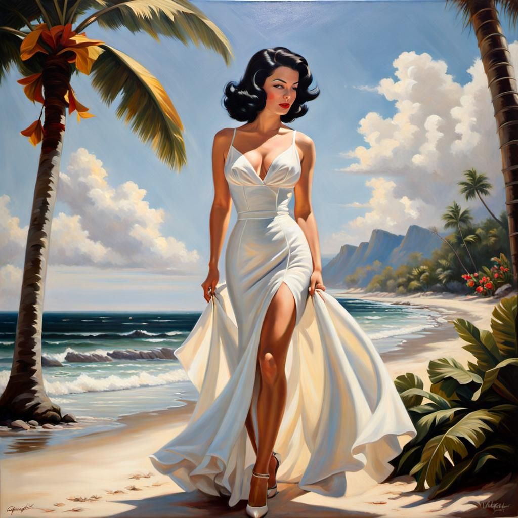 Glamorous Woman on Tropical Beach in Pin-Up Style