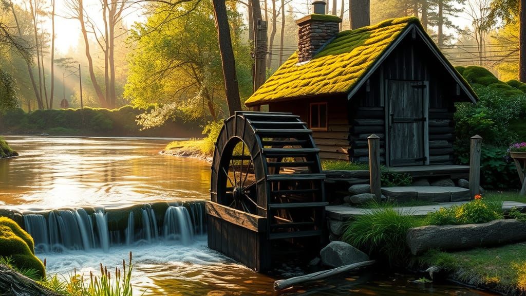Rustic Waterwheel in Serene Forest Landscape