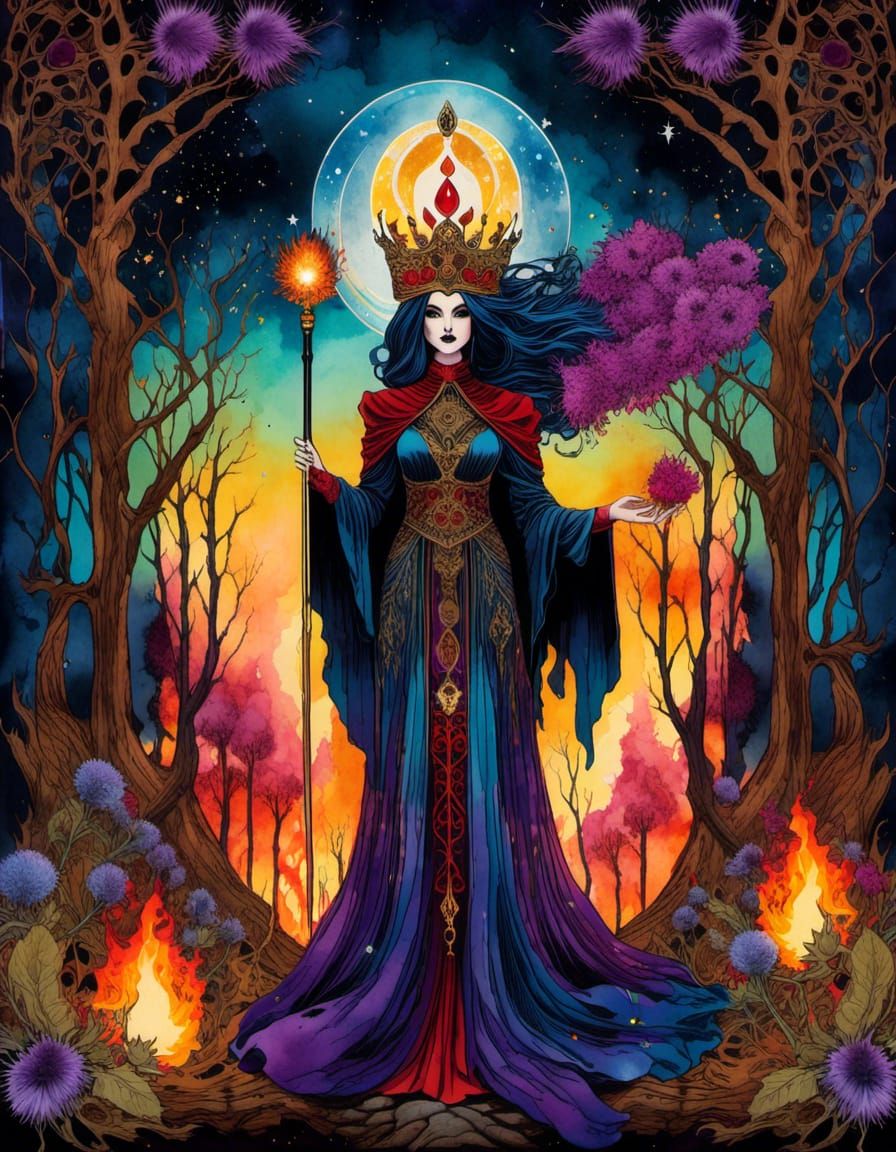 Gothic Tarot Card Illustration: Priestess Reaching for Stars