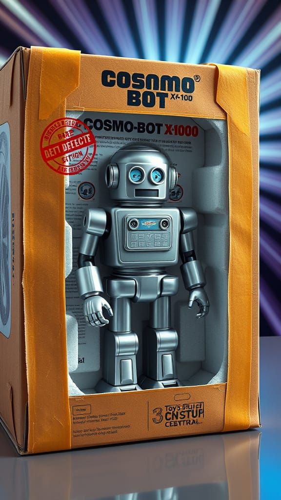 Retro-Futuristic Packaging Box with Distressed Robot