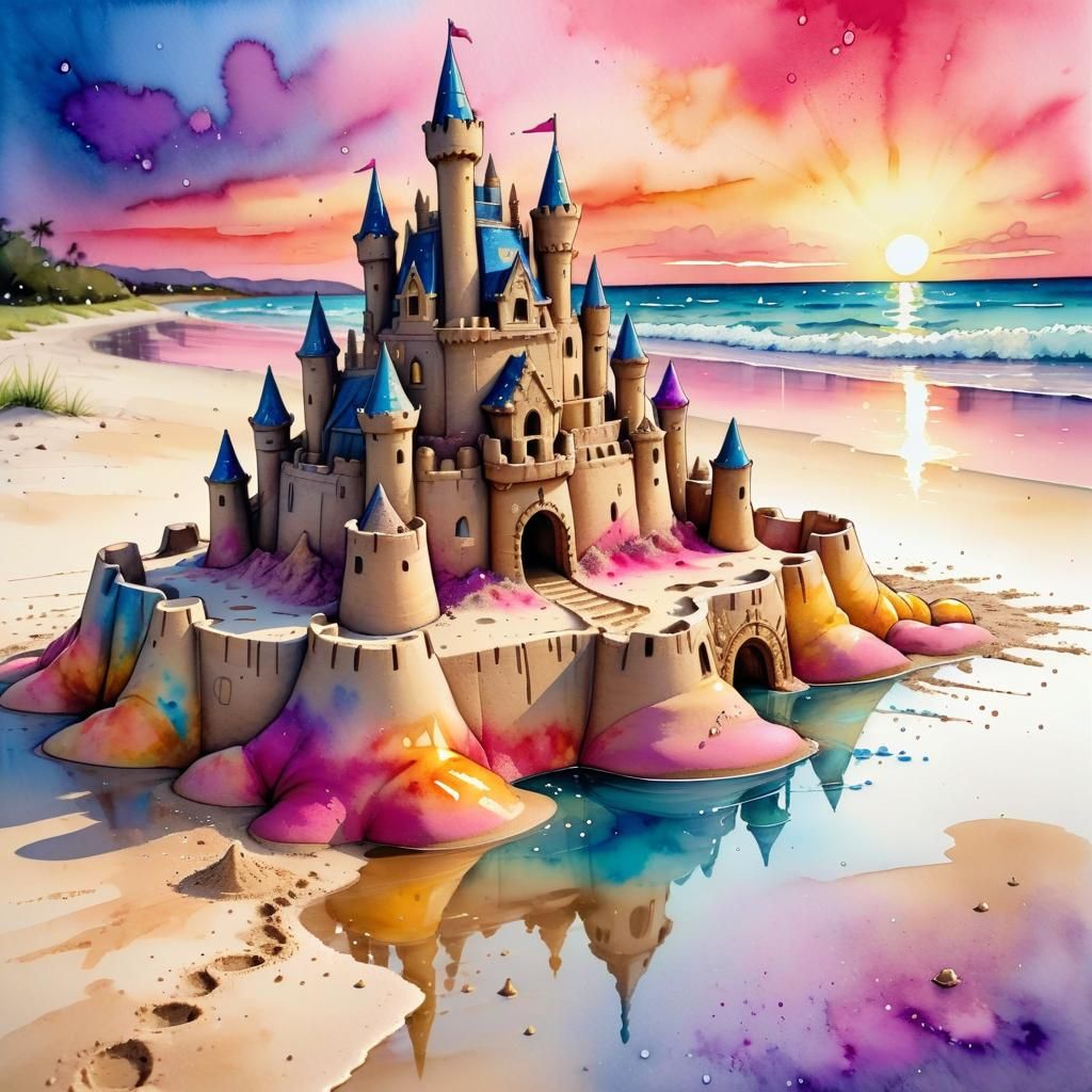 Elaborate Sandcastle on Beach at Sunset in Watercolour