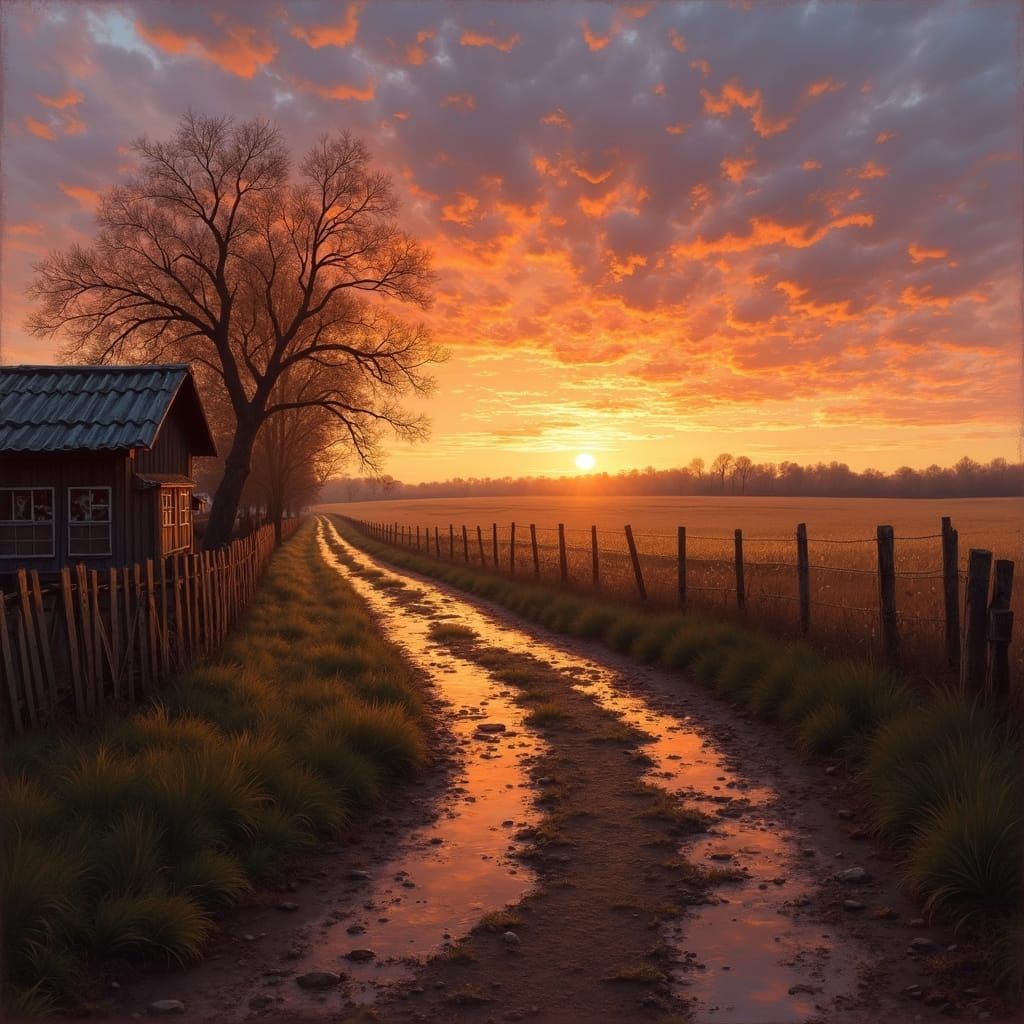Rustic Sunset Landscape Reflecting Vibrant Sky