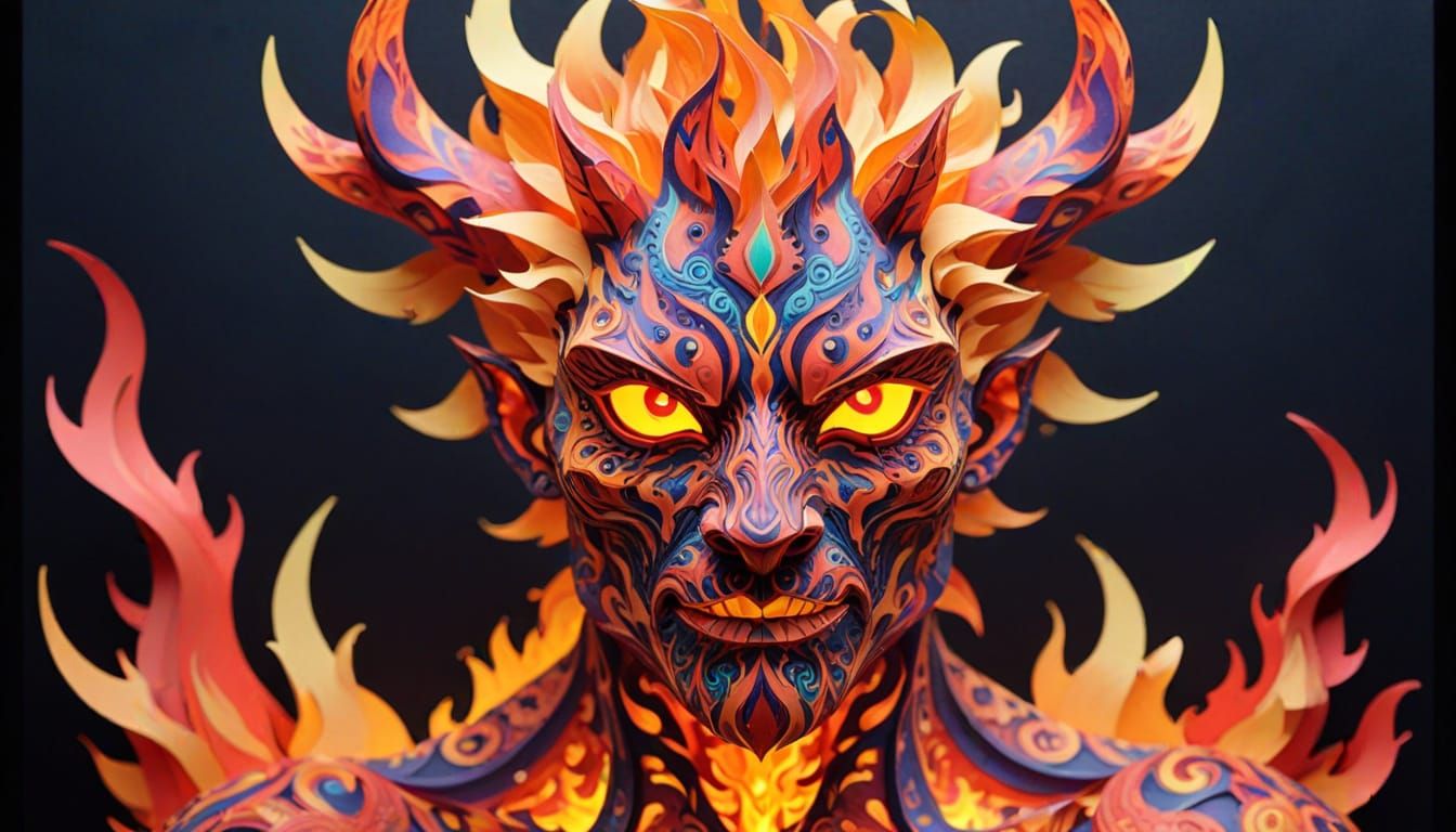 Psychedelic Fire Demon in Fractal Kirigami Art