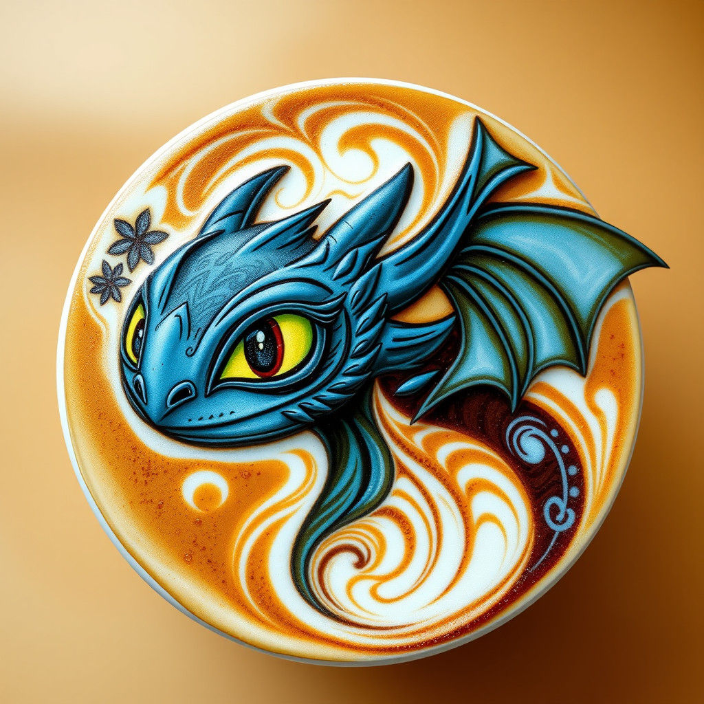 Toothless Dragon Latte Art in Futuristic Style