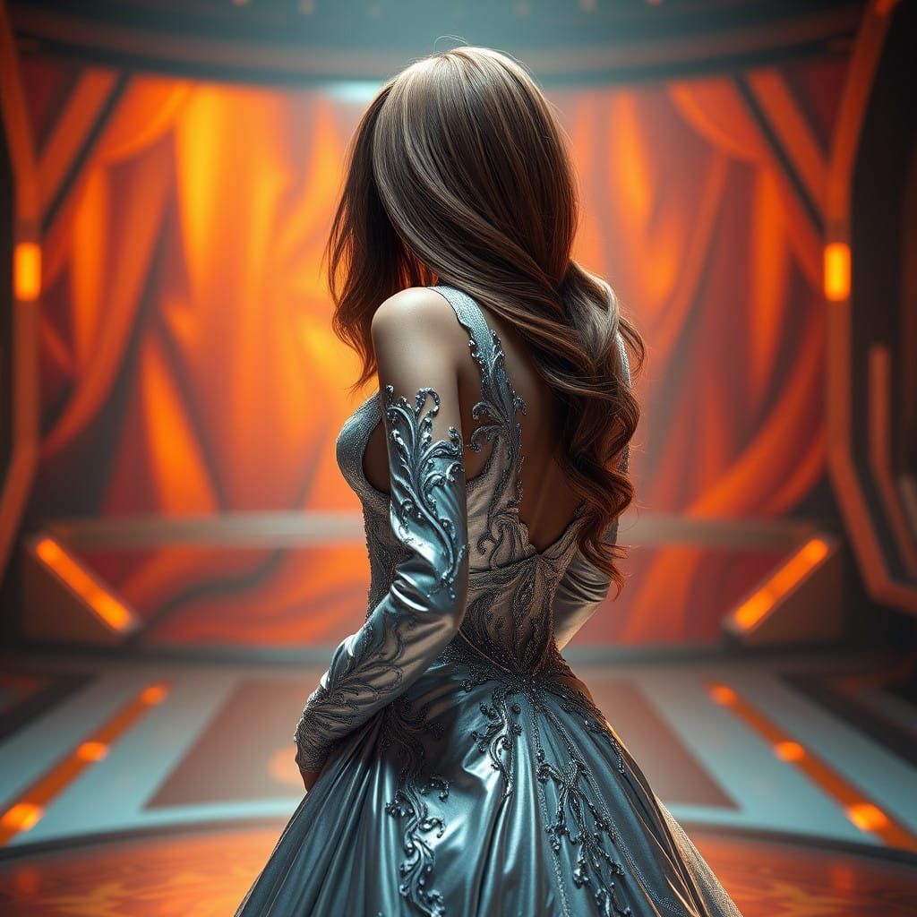 Ethereal Woman in Shimmering Silver Gown