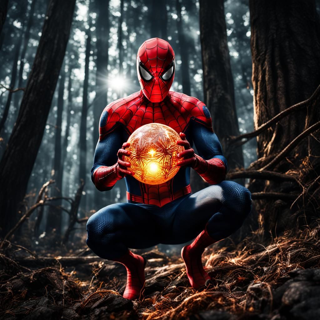 Spider-Man with Glowing Orb in Forest