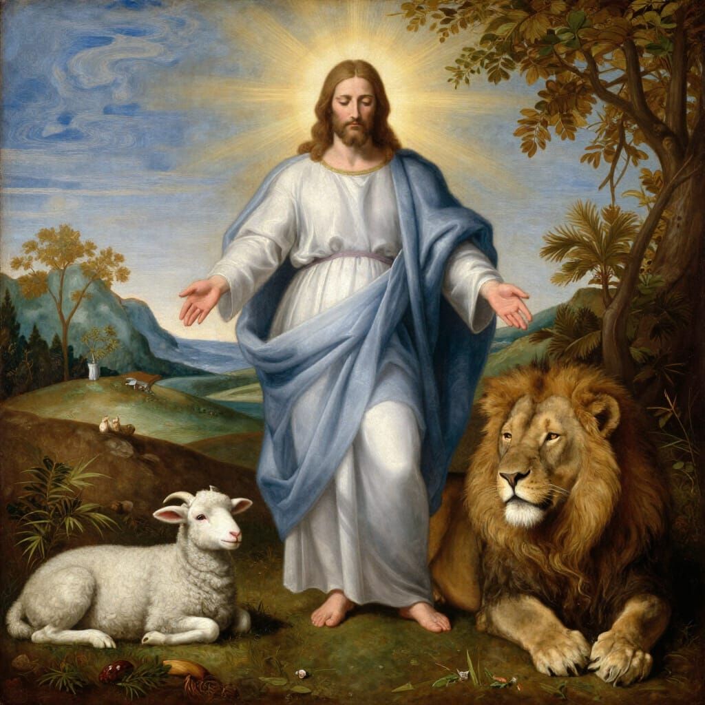 Divine Harmony: Jesus with Lion and Lamb