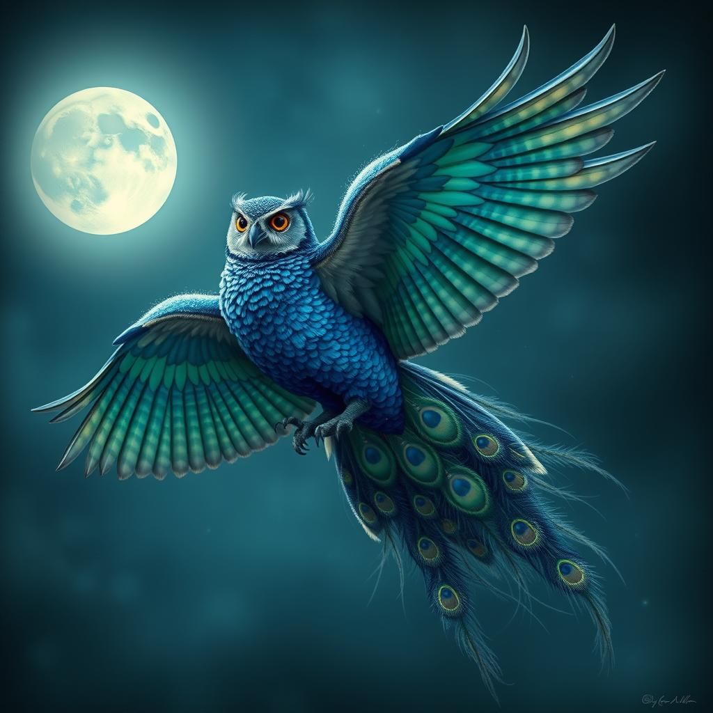 Majestic Owl-Peacock Hybrid in Dreamlike Flight