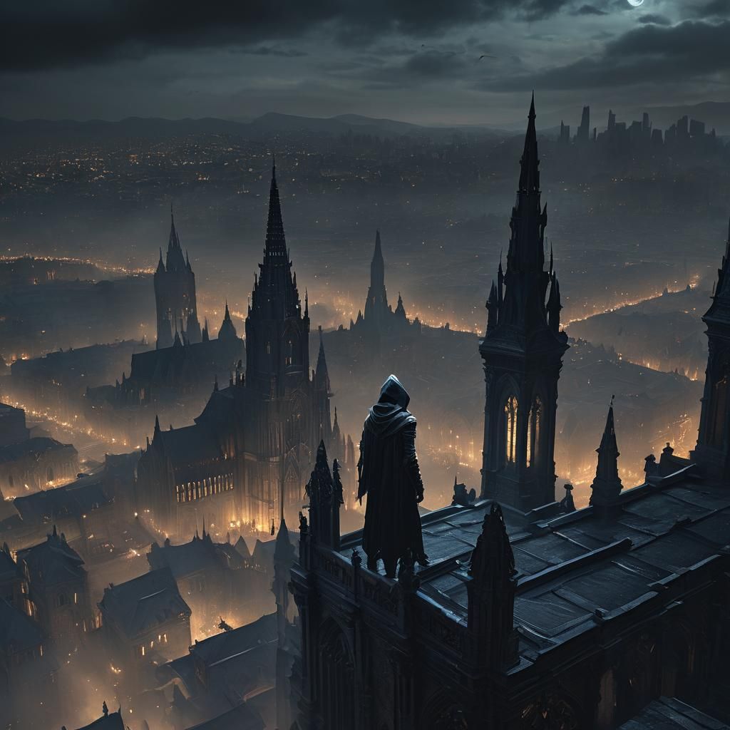 Dark Elf Assassin Overlook in Gothic Cityscape