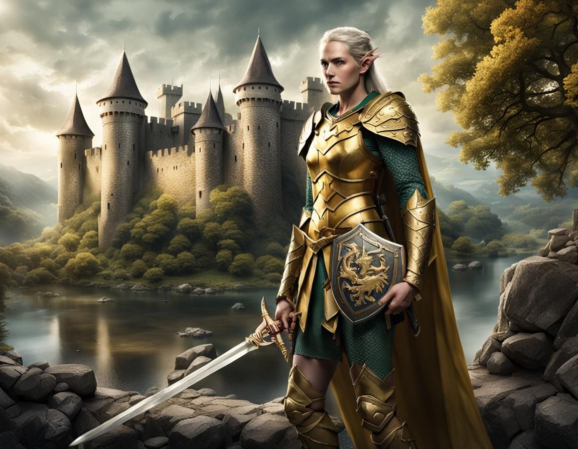 Golden Armored Elf Warrior in Ancient Landscape