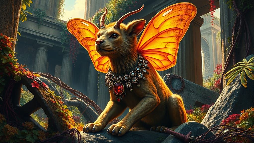 Gemstone Mothlion Guardian in Overgrown Ruins