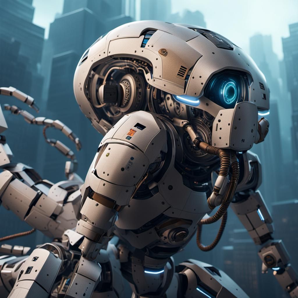 Futuristic Library with Floating Books and Robot Librarian