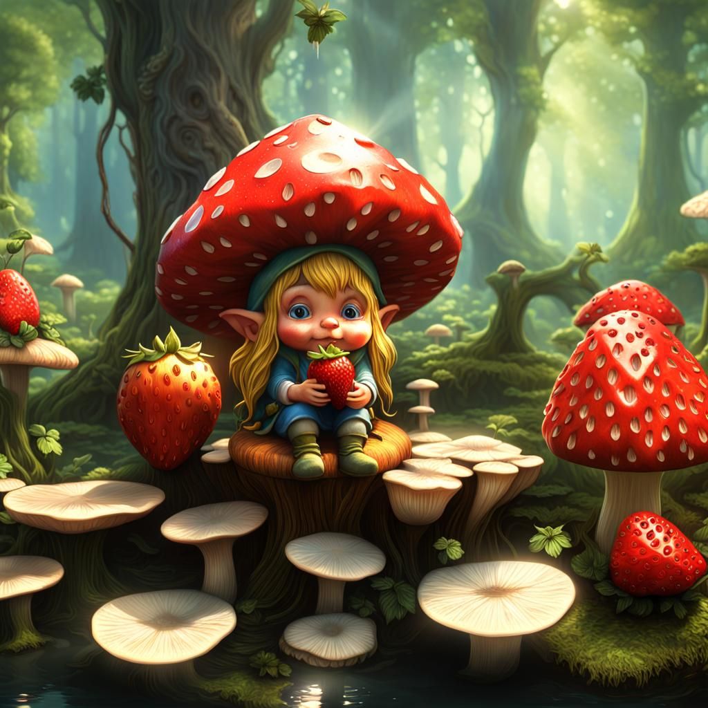 Enchanted Forest Gnome with Strawberries, Botanical Art