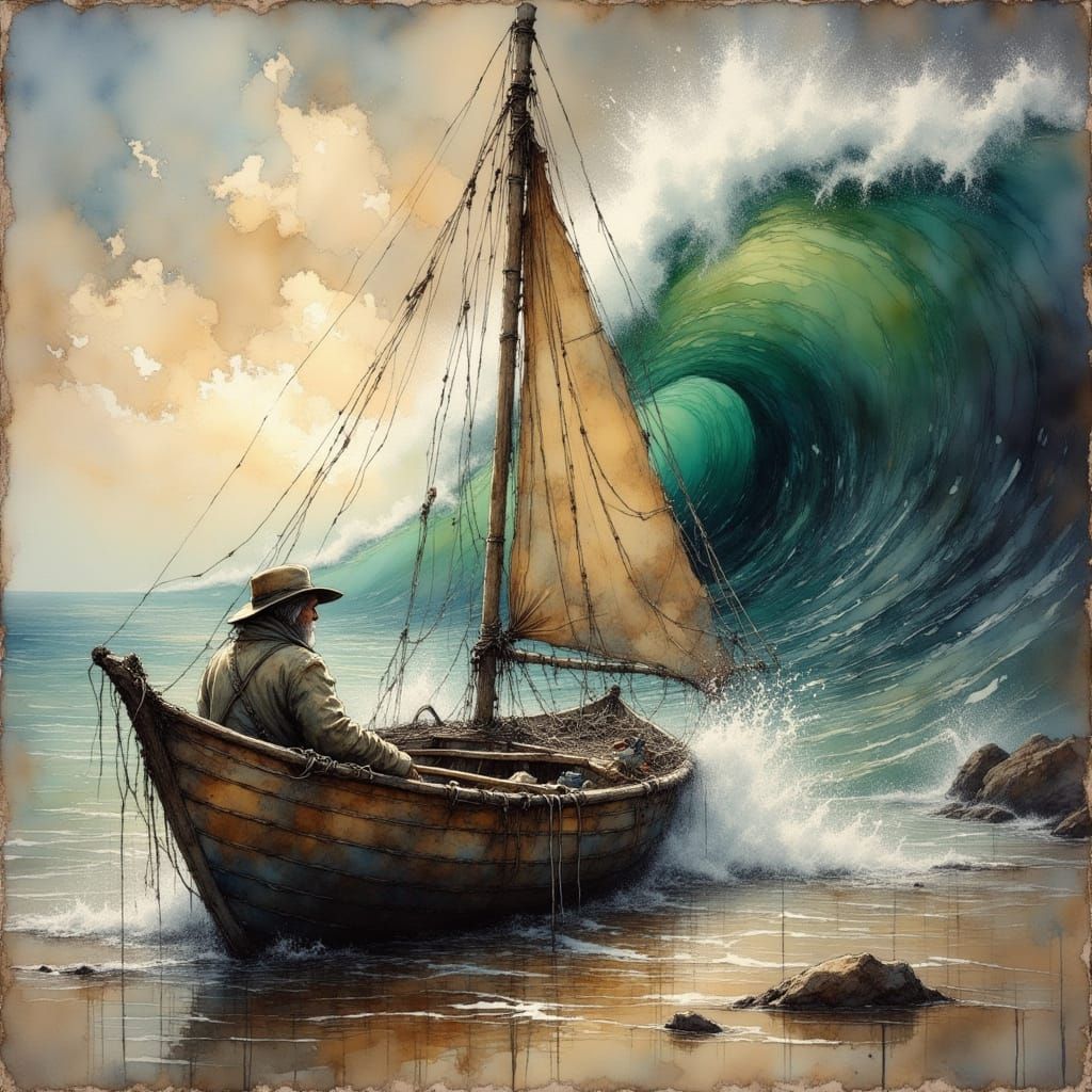 Fisherman Battles Giant Wave in Dramatic Seascape Style