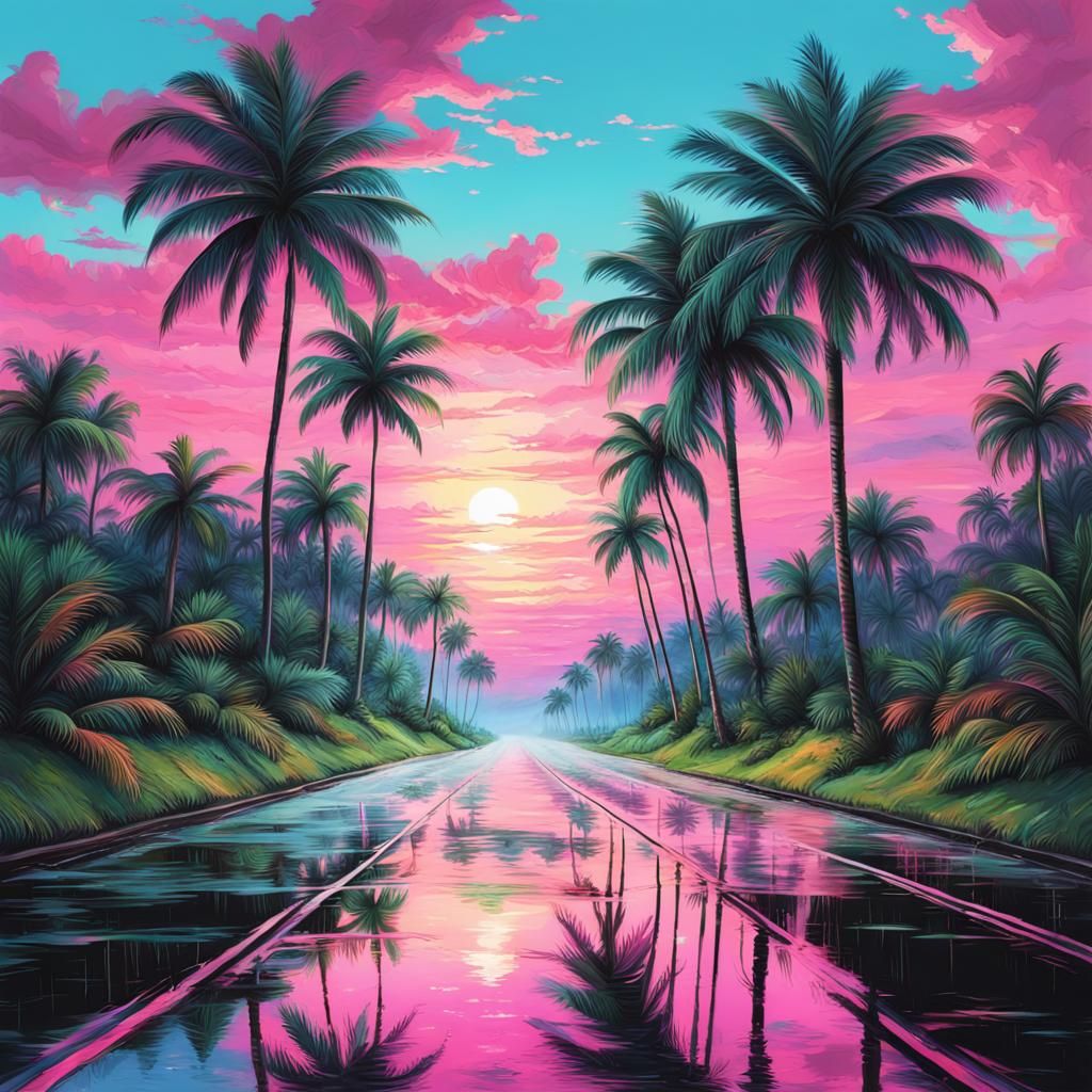 Sunset Beach Scene with Palm Trees in Splash Art