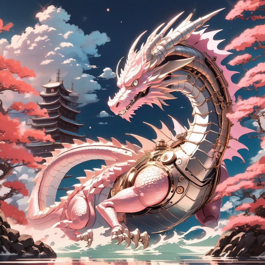Steampunk Anime Pink Dragon Robot in Hokusai Style