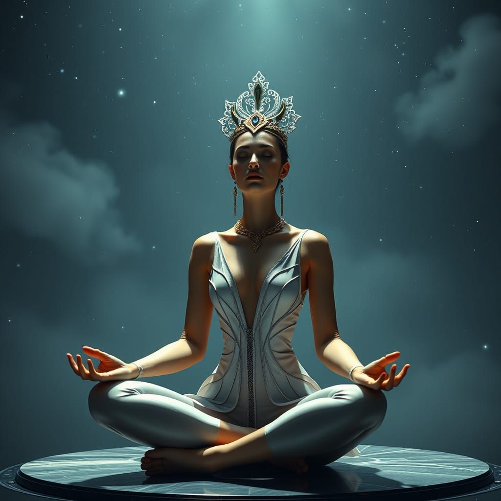 Ethereal Futurist Princess Meditates Amidst Nebulous Atmosph...