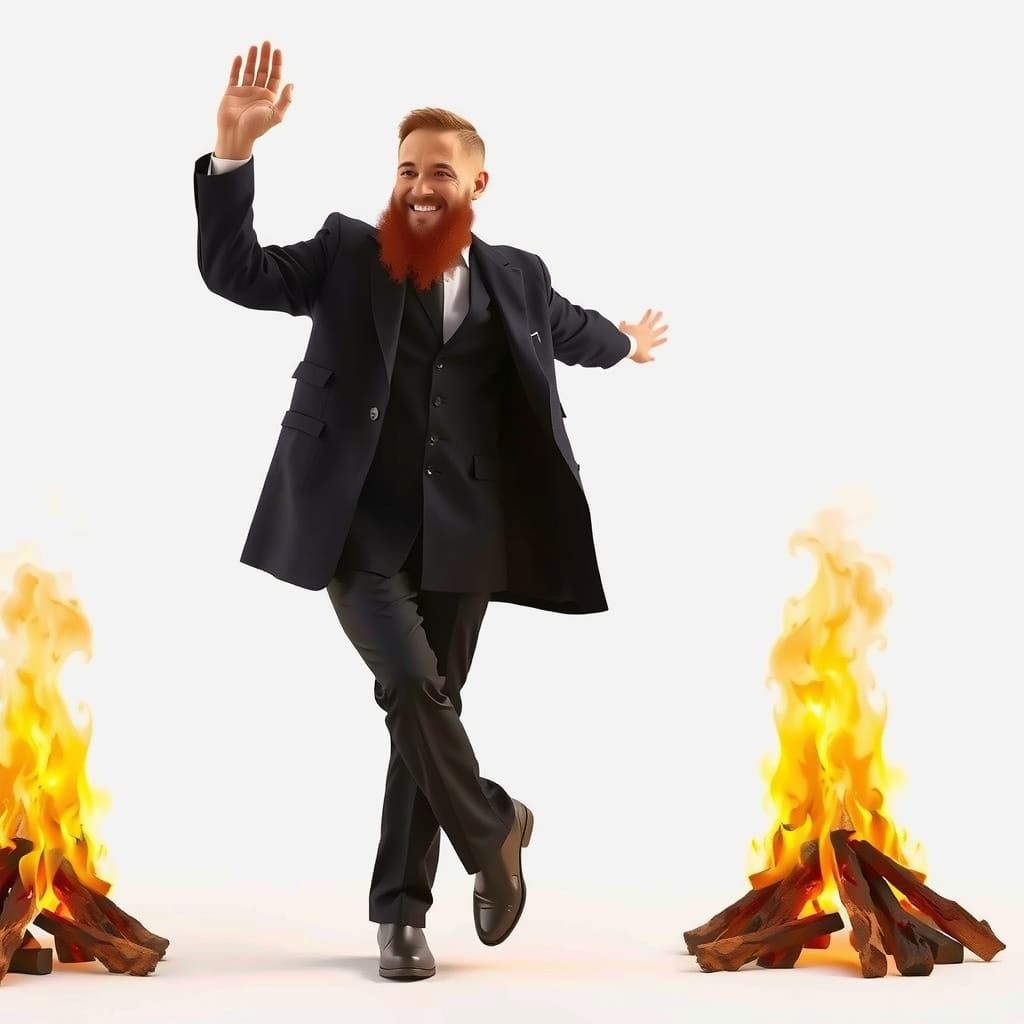 Joyful Hasidic Man Dances Beside Lag Ba'Omer Bonfire in Phot...