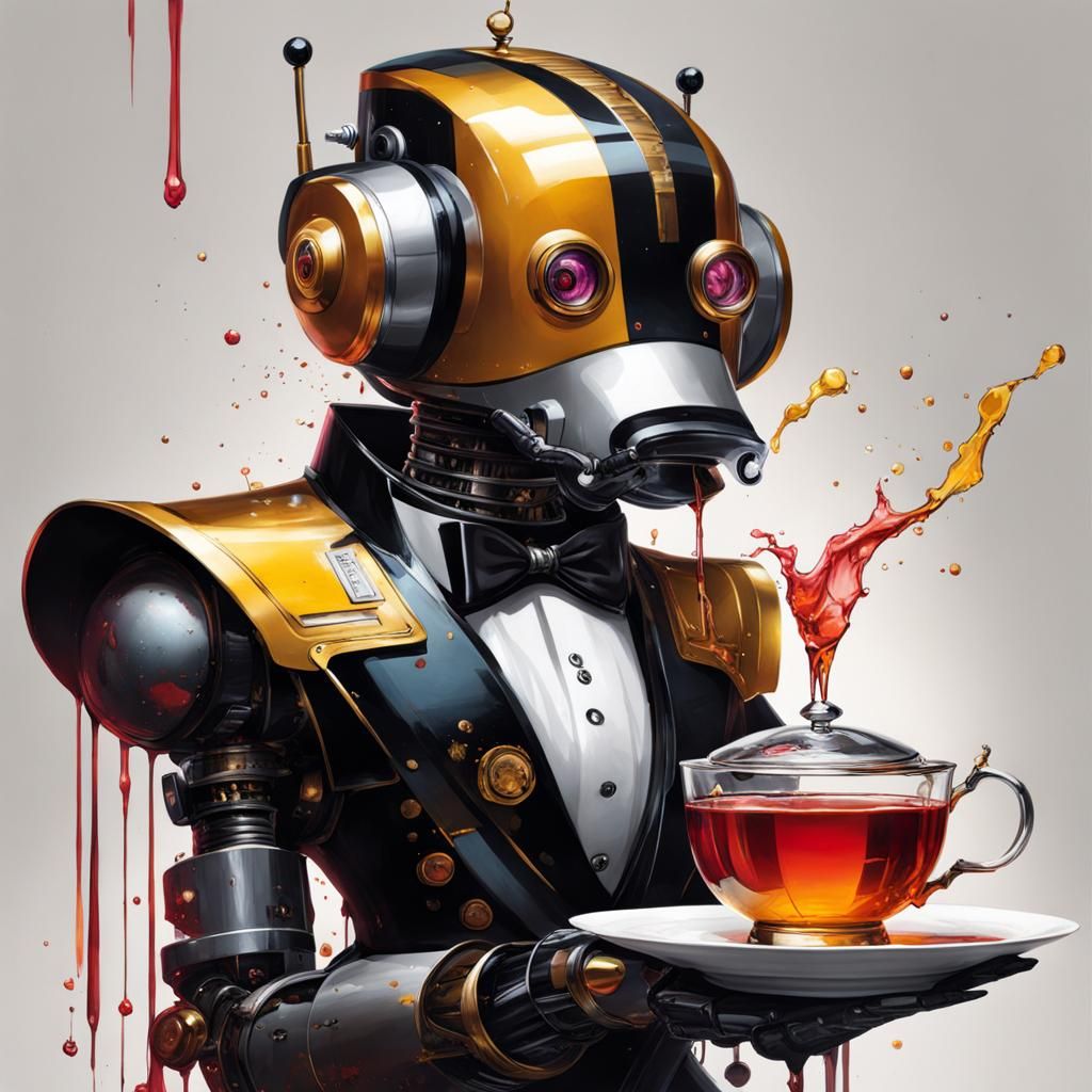 Robot Butler Serving Tea in Oil Painting Style