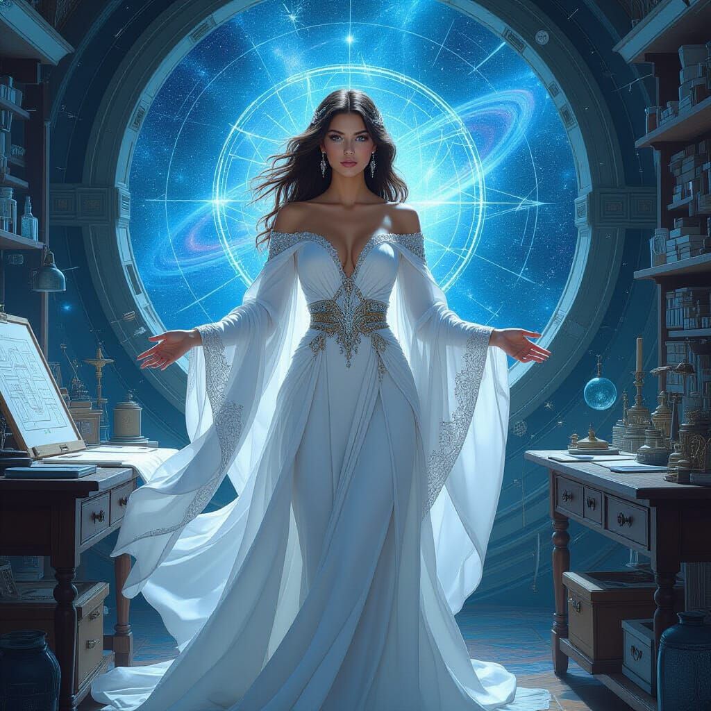 Ethereal Goddess of Wisdom in Celestial Workshop