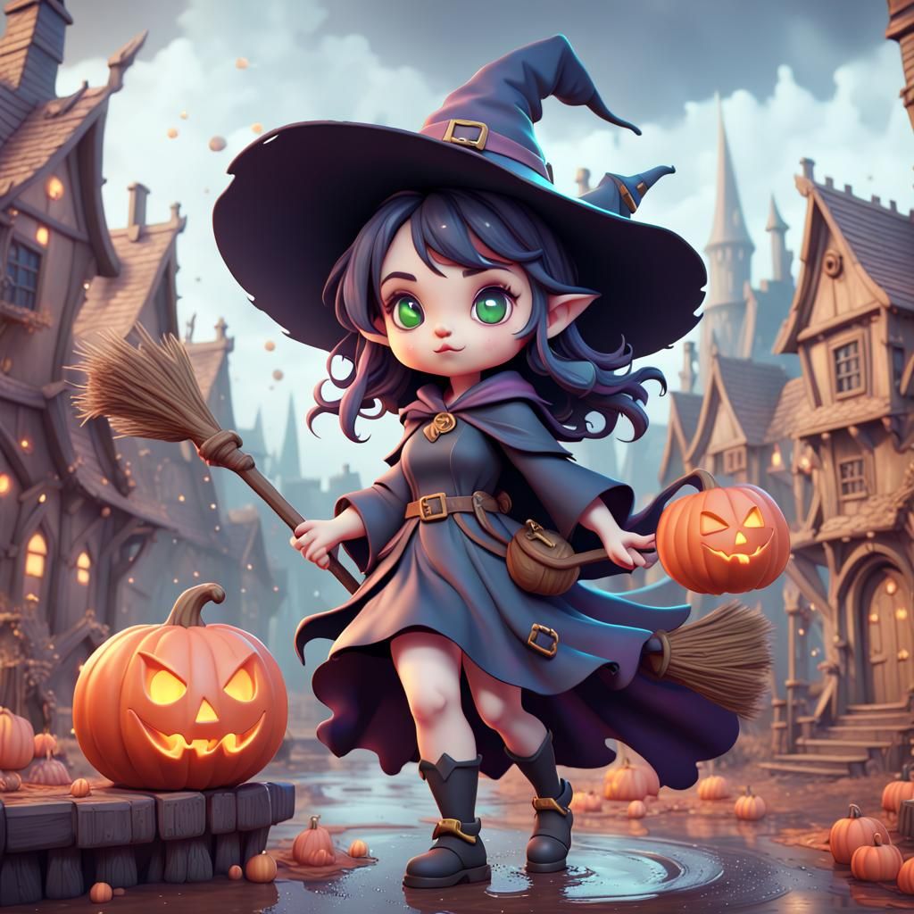 Cute Witch in Detailed Matte Painting Style