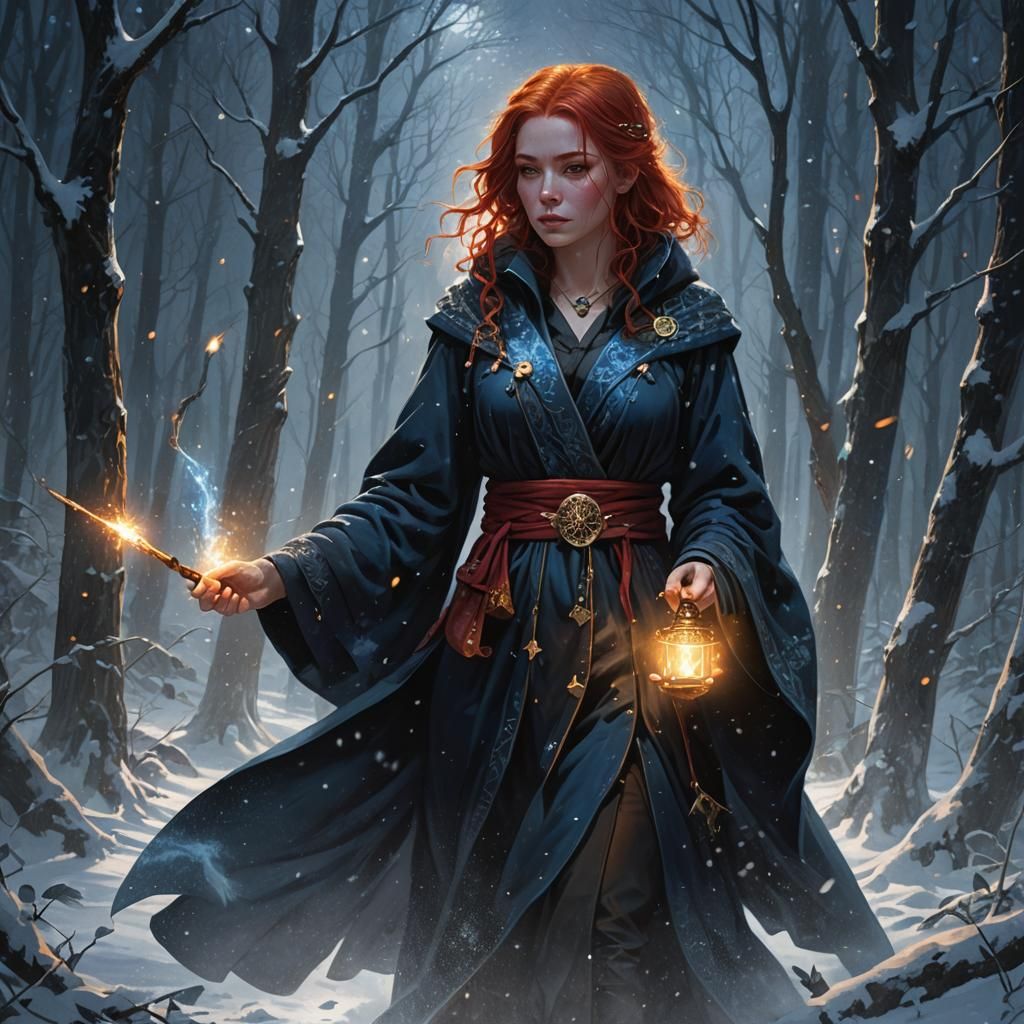 Red-Haired Girl in Snowy Forest: Dark Fantasy Art