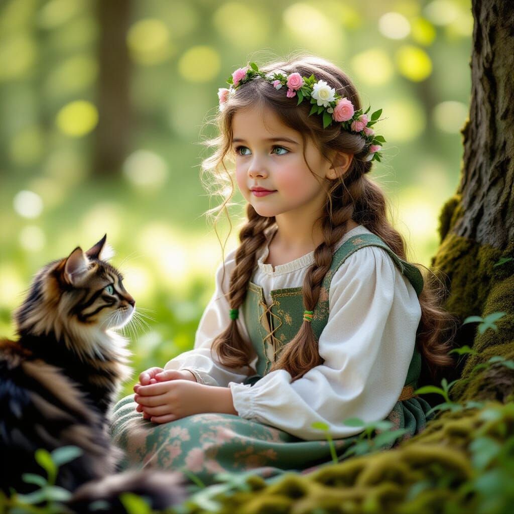 Girl in Rose Dress Explores Forest, Fantasy Art