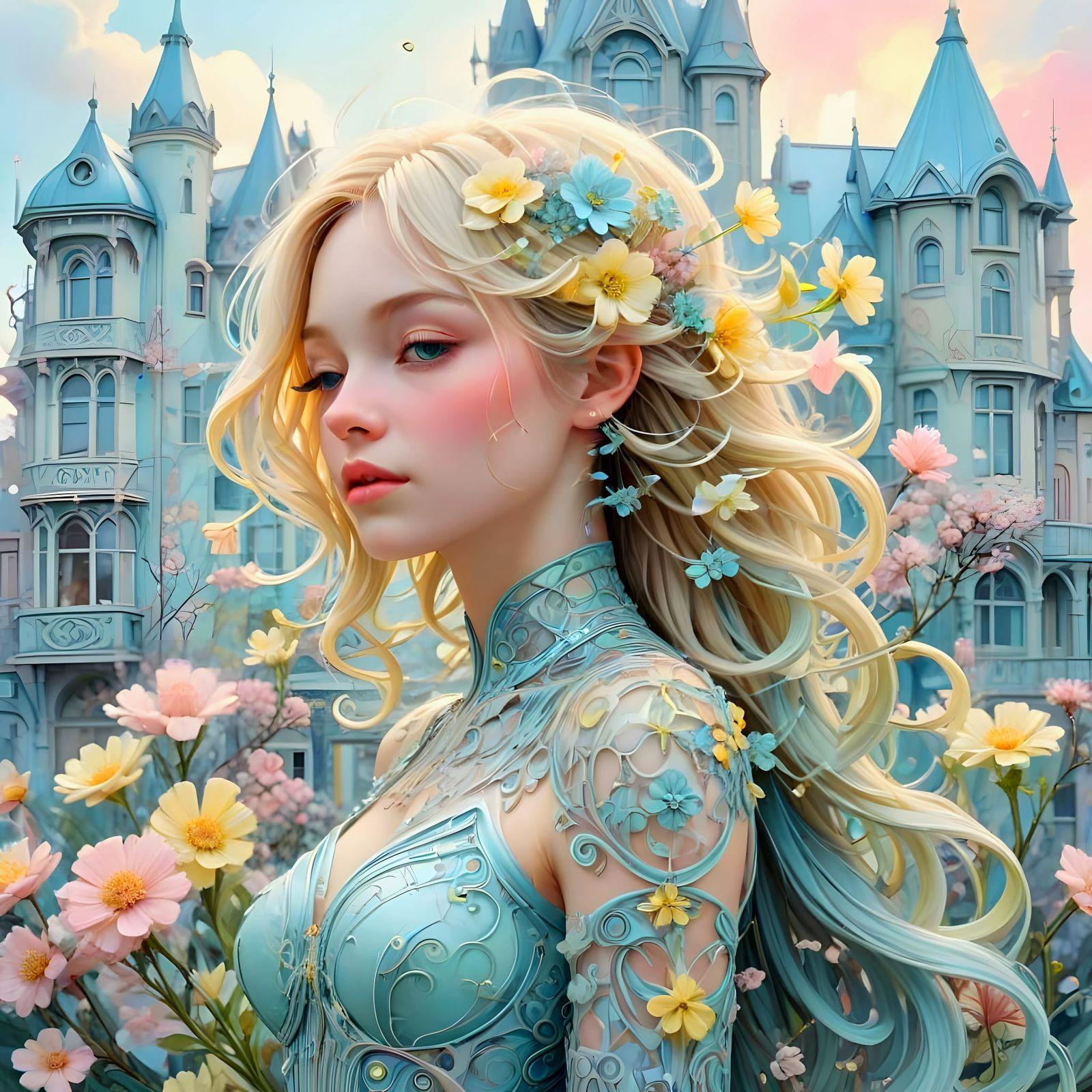 Happy Women in Whimsical Floral Settings, Art Nouveau Style