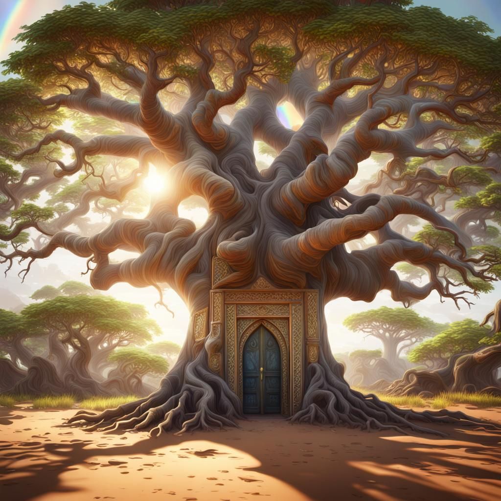 Ornate Baobab Tree Door with Rainbow Light