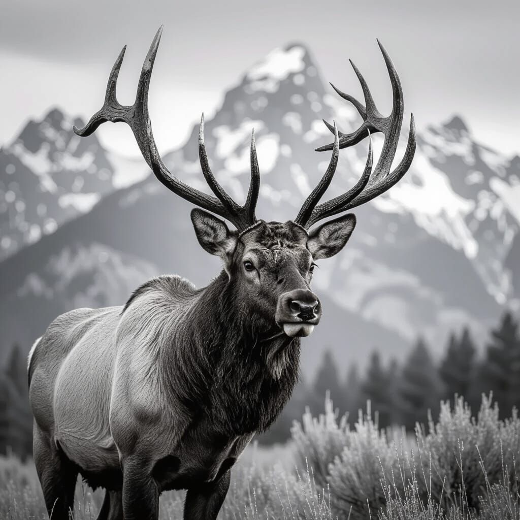 Majestic Bull Elk Portrait Against Mountains - Line Drawing