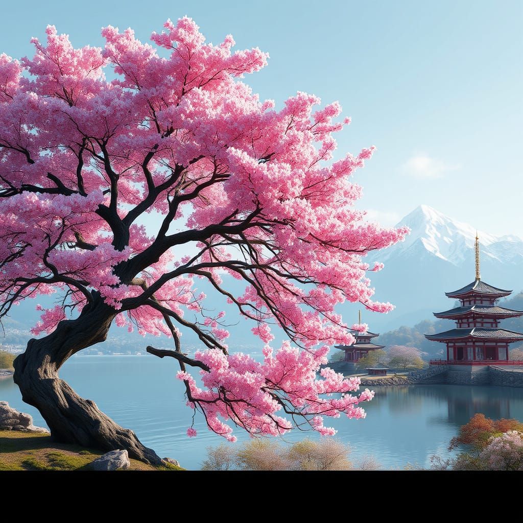 Sakura Tree in Serene Japanese Landscape