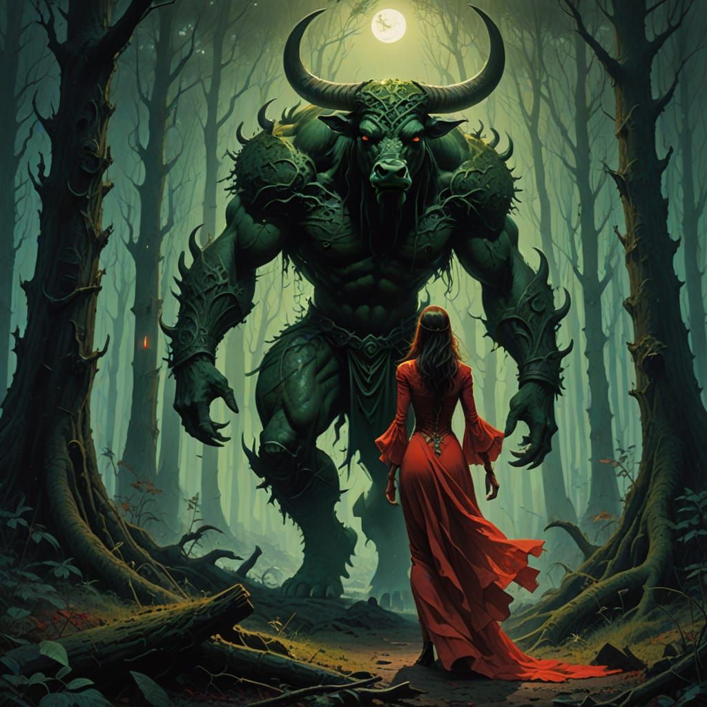 Horned God Carries Woman in Dark Fantasy Forest