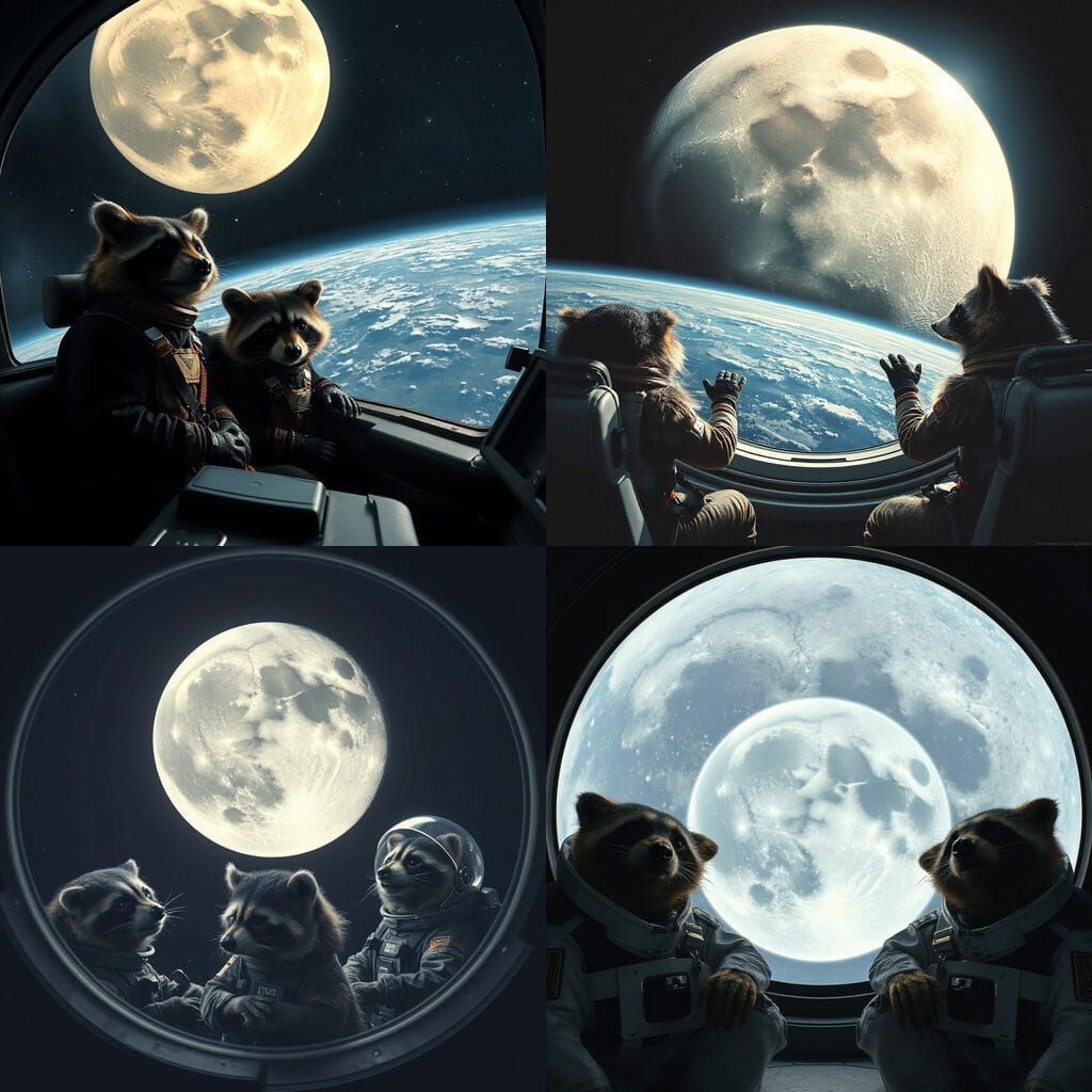 Raccoons in Spaceship Viewing Earth from Moon