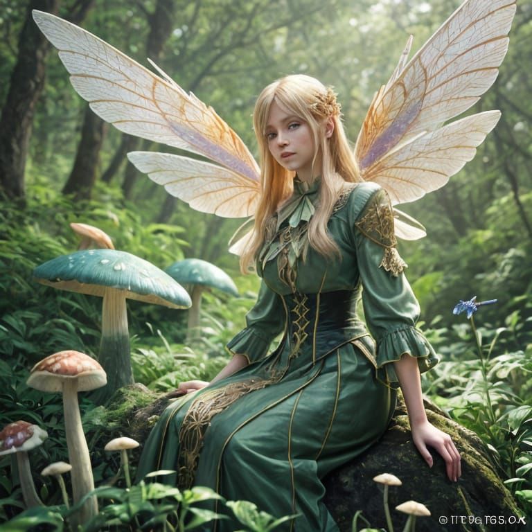 Blond Fairy with Dragonflies in Forest, 3D Anime Art