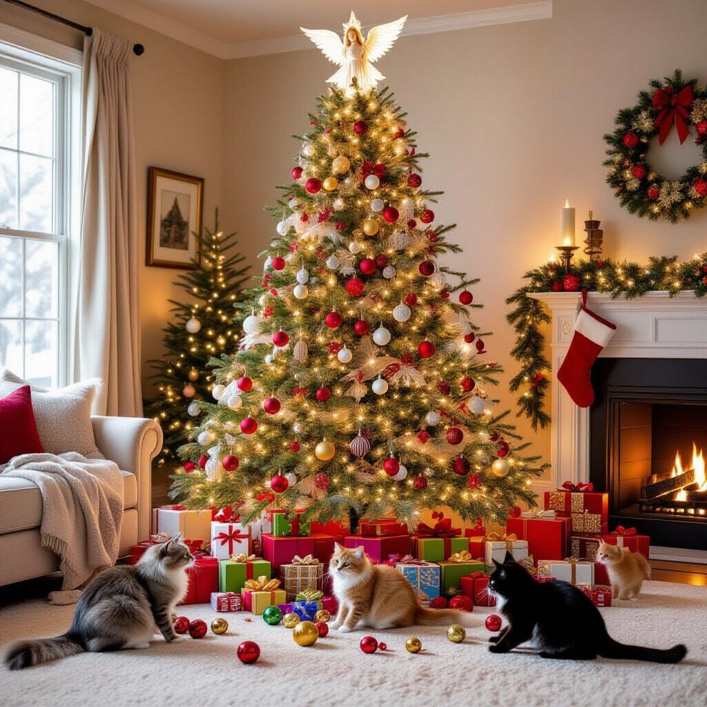 Whimsical Christmas Tree with Cats and Gifts