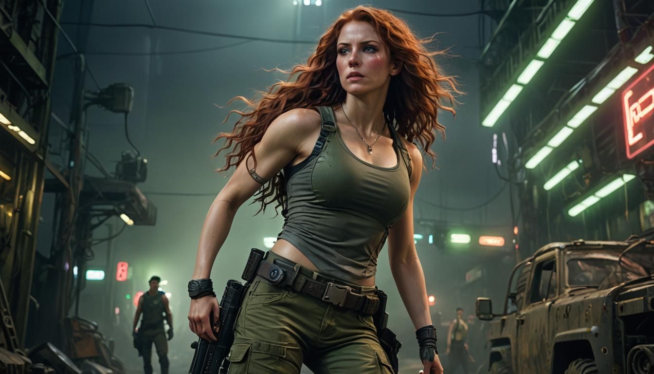 Dystopian Woman in Neon-Lit Post-Apocalyptic City