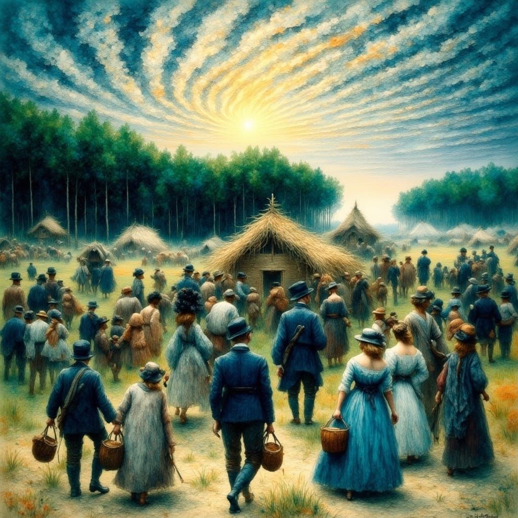 Farmers Returning from Fair in Antique Watercolor Style