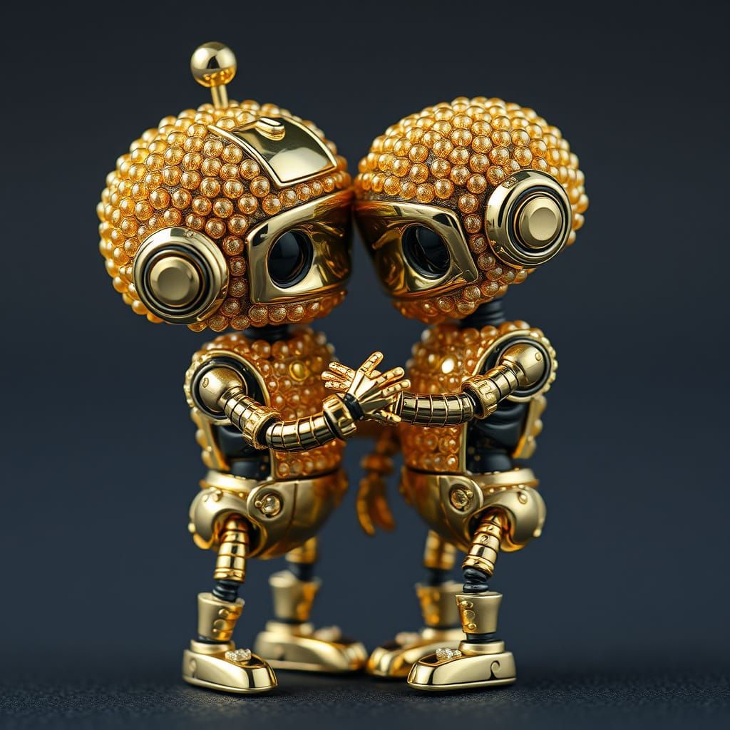 Retrofuturistic Chibi Robots in Golden Beads, Surreal Portra...