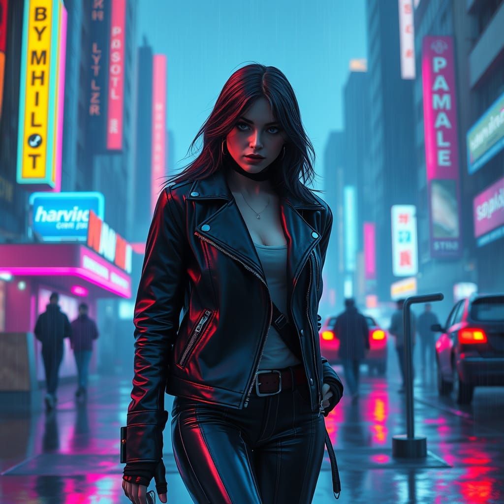 Cyborg Woman in Neon Cityscape, Retro-Futuristic Style