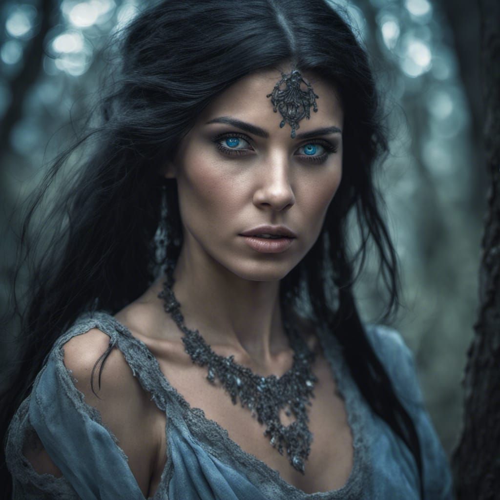 Charming Wild Witch Casting Spell in Dark Forest