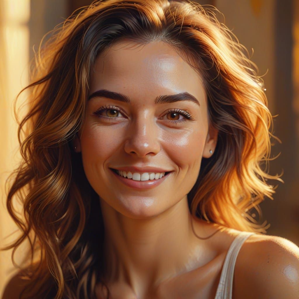 Warm Portrait of Smiling Woman in Oil Painting Style